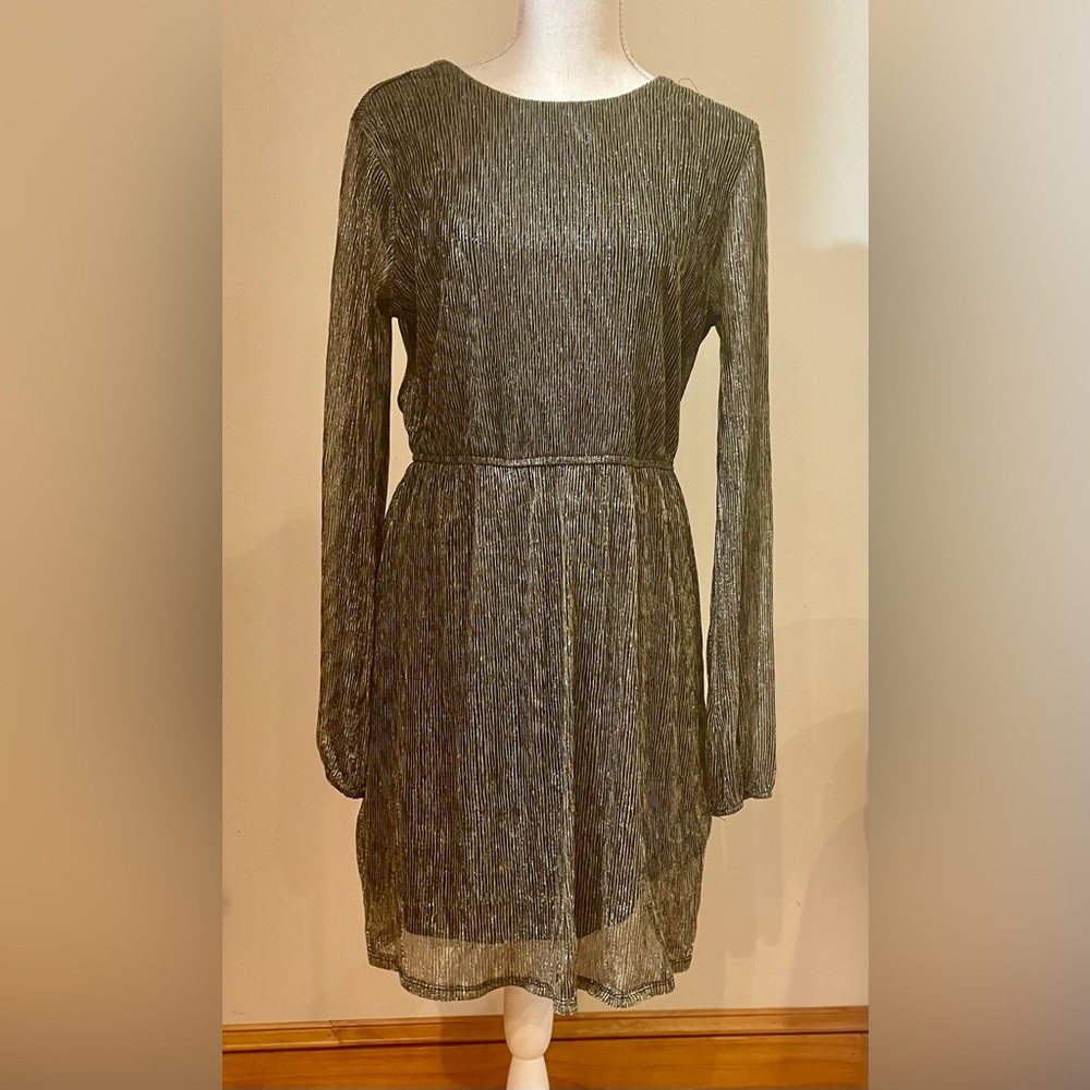 Xhilaration Champagne Gold Metallic Pleated Mini Dress | Tie Back | Size M